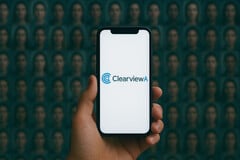 Smartphone équipé de l'IA Clearview, base de données de visages en arrière-plan (Source de l'image : générée par l'IA)