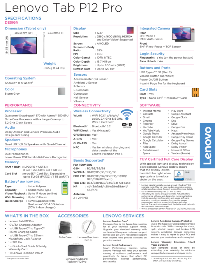 Spécifications de la Lenovo Tab P12 Pro (image via Lenovo)