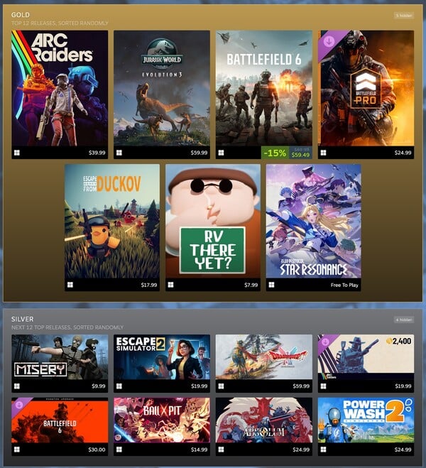 Les jeux Steam les plus vendus en octobre 2025 (Source : capture d'écran, Steam)