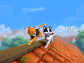 Visuel promotionnel phare de *The Missing Tail*, mettant en scène le chat royal et le chat errant explorant ensemble un village.