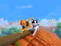 Visuel promotionnel phare de *The Missing Tail*, mettant en scène le chat royal et le chat errant explorant ensemble un village.