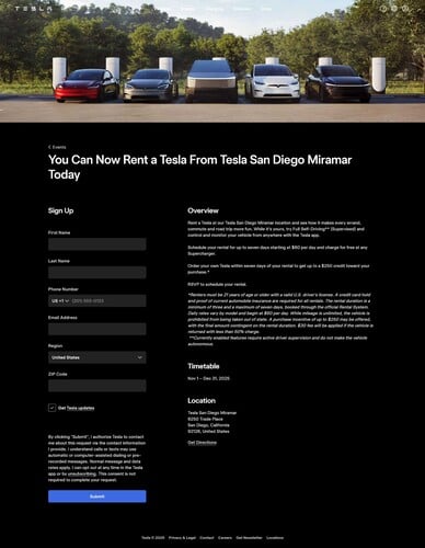 Tesla se lance dans la location : Différents modèles, dont le Cybertruck, peuvent être loués en Californie pour une durée maximale d'une semaine, avec FSD et recharge gratuite. (Source : Tesla)