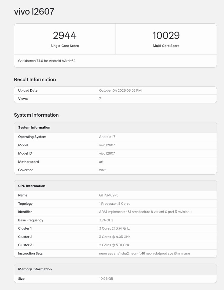 La fiche Geekbench de l’iQOO 16 exécutant le firmware global