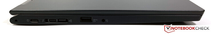 À gauche : USB-C 3.2 Gen 2 (10 Gb/s, Power Delivery, DisplayPort 1.4), Lenovo Side Dock CS18 (USB-C avec Thunderbolt 4 + Ethernet), USB-A 3.2 Gen 2 (toujours activé), prise audio 3,5 mm