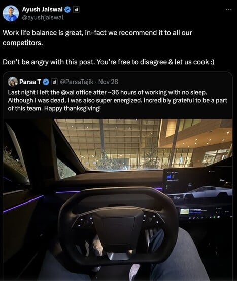 parsa Tajik, employé de xAI, affirme avoir travaillé pendant 36 heures sans dormir. (Source de l'image : X)