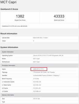 AMD EPYC 7713. (Source de l'image : Geekbench)