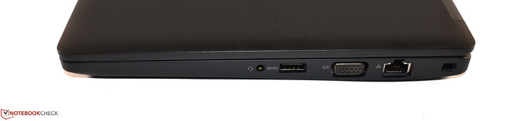Côté droit : combo audio, USB A 3.0, VGA, Ethernet RJ45, verrou de sécurité Noble.