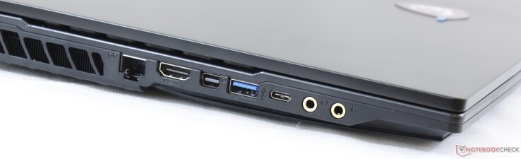 Côté gauche : verrou de sécurité Kensington, RJ-45, HDMI 1.4, mini DisplayPort, USB 3.1, USB C 3.1 Gen. 1, écouteurs 3,5 mm, 3,5 mm écouteurs (SPDIF).