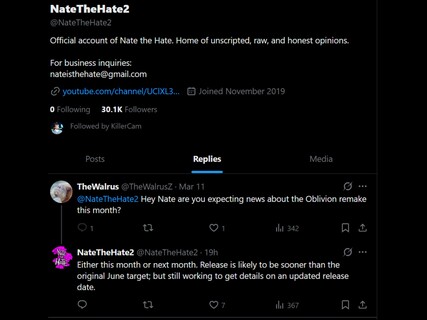 Nate the Hate Oblivion remake X post update (Image source : screenshot, NateTheHate2 X account)
