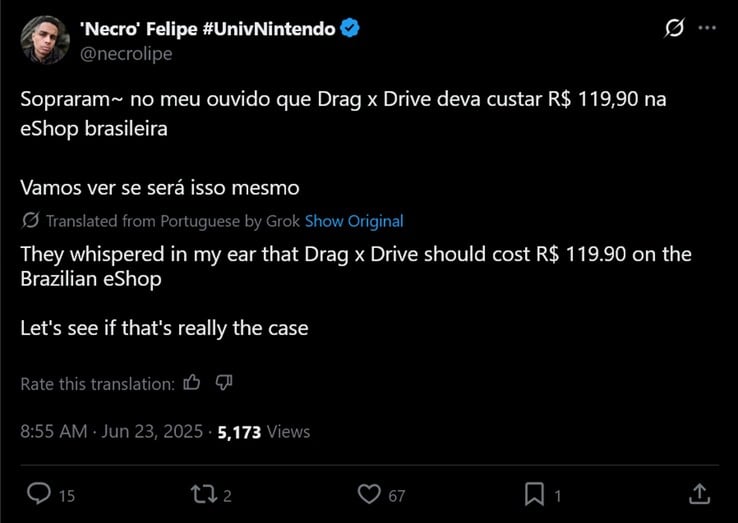 necro Felipe' X post on Drag x Drive price (Image source : 'Necro' Felipe X account)
