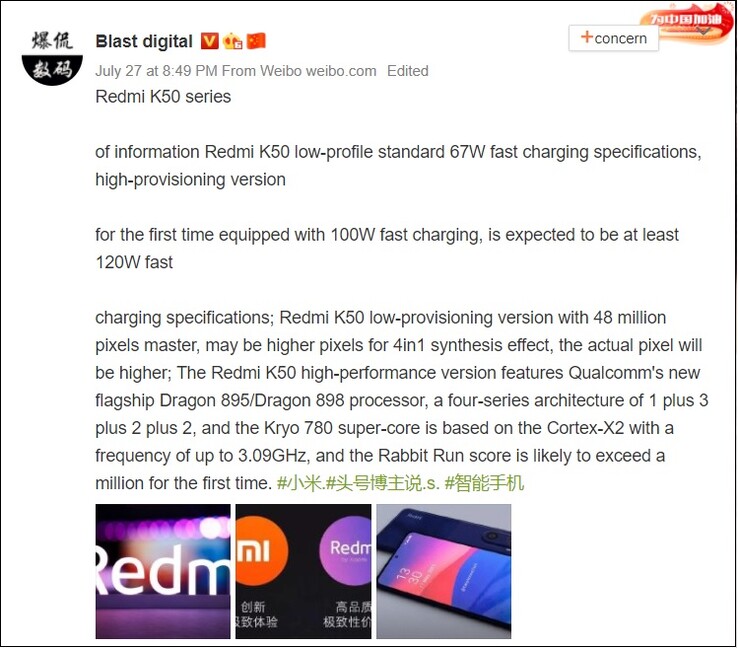 Spécifications présumées des Redmi K50 et K50 Pro. (Image source : Weibo)