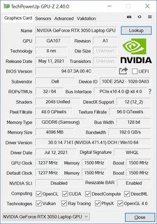 GeForce RTX 3050 GPU-Z extrait du Dell Inspiron 16 7610. Notez les réductions significatives des TMUs et de la largeur du bus mémoire malgré le nombre élevé de shaders unifiés