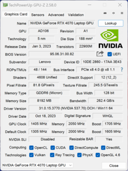 GPU-Z Ordinateur portable Nvidia GeForce RTX 4070