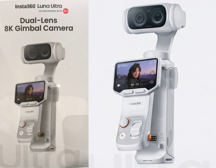 Boîte d'origine de l'Insta360 Luna Ultra (à gauche) et image en gros plan améliorée par l'IA (à droite).