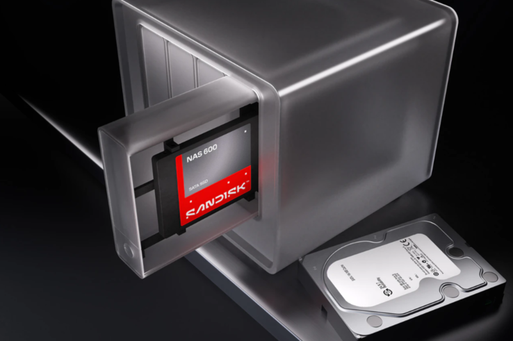 SSD SATA Sandisk NAS 600 présenté dans une baie de NAS à côté d’un disque dur4