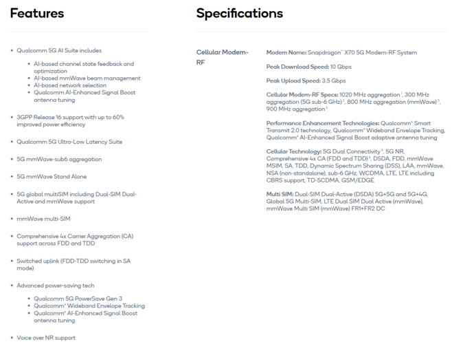 Modem 5G Qualcomm Snapdragon X70 - Spécifications. (Source : Qualcomm)