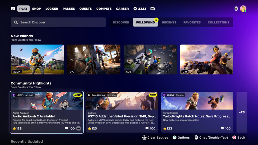 Une capture d'écran d'une section proposée pour les communautés de créateurs dans Fortnite. (Source de l'image : Epic Games)