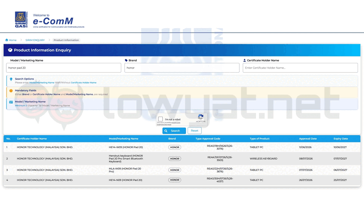 Les tablettes de la série Honor Pad 20 ont obtenu la certification SIRIM. 