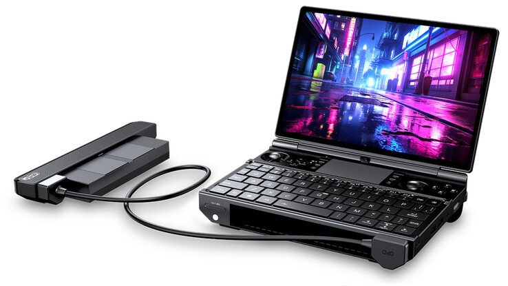 Le GPD Win Max 3, avec sa batterie amovible reliée par un câble d'extension. 