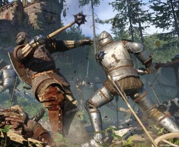 Combat de mêlée en gros plan dans Kingdom Come : Deliverance avec deux chevaliers en armure se battant avec des armes médiévales.