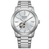 Montre automatique Citizen NH9150-52A dotée d'un cadran argenté à effet soleil, d'un affichage « cœur ouvert » au-dessus de 6 heures, d'un boîtier en acier inoxydable et d'un bracelet assorti.