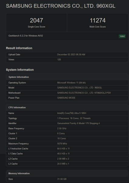 Intel Core Ultra 9 185H score Geekbench (image via Geekbench)