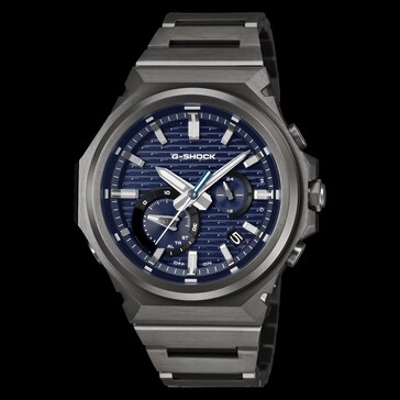 Vue de face de la G-Shock GST-B1000BD-2A avec cadran à motifs bleus, boîtier en acier inoxydable foncé et bracelet intégré.