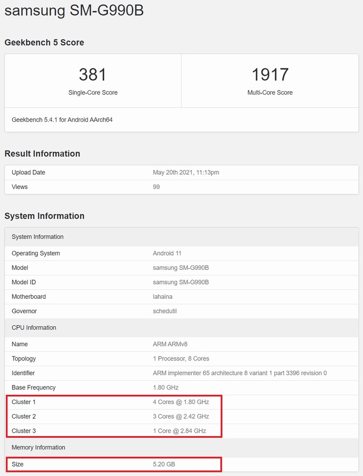 Samsung SM-G990B. (Image source : Geekbench)