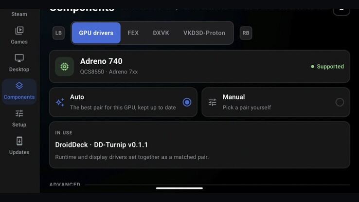 Les paramètres du pilote GPU de DroidDeck sur un appareil équipé d’un Adreno 740. Des forks expérimentaux indépendants explorent la prise en charge des puces graphiques PowerVR et Mali.
