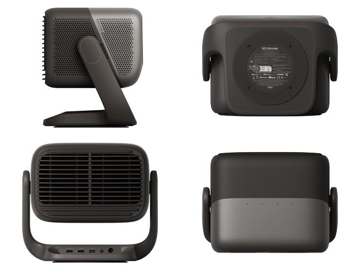 Design du projecteur Jmgo N3 Ultimate montrant les ports et les vues multi-angles