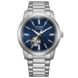 Montre automatique Citizen NH9150-52L dotée d’un cadran bleu à effet soleil, d’une fenêtre « cœur ouvert », d’un bracelet en acier inoxydable et d’une lunette polie.