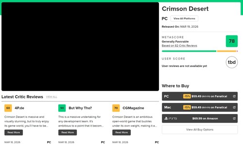 Crimson Desert Metascore sur Metacritic