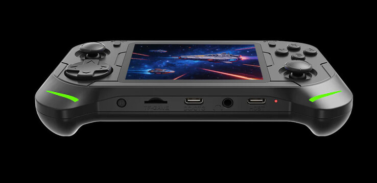 En bas : Réinitialisation, emplacement pour carte microSD, USB-C (DC/OTG), audio 3,5 mm, USB-C (pour les contrôleurs)