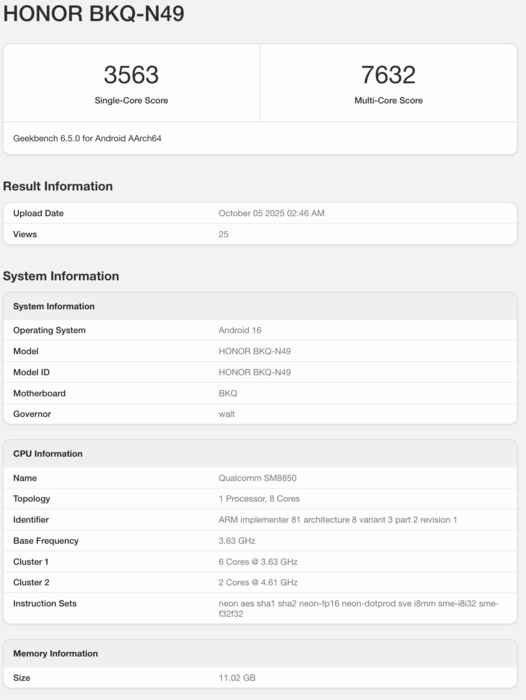 Liste Geekbench du Magic 8 Honor (Image source : Geekbench)
