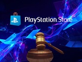 Bannière relative aux poursuites judiciaires concernant le PlayStation Store, sur laquelle figure un marteau de juge