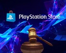 Bannière relative aux poursuites judiciaires concernant le PlayStation Store, sur laquelle figure un marteau de juge