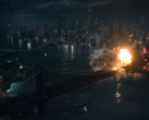Une capture d'écran de la bande-annonce officielle de Battlefield 6 montrant une explosion sur le pont de Manhattan (source : Battlefield YT)