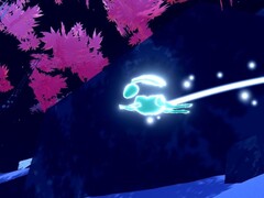 Illustration : Un lapin lumineux sautille sur le sol de la forêt près d'un rocher et de cerisiers en fleurs (Source : Capture d'écran dans Sno : Ultimate Freeriding de Studio Gauntlet)