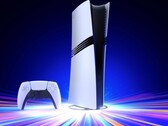 La console PlayStation 5 Pro de Sony posée sur un support vertical avec une manette DualSense