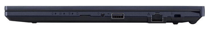 Côté droit : lecteur de carte mémoire (MicroSD, en option), combo audio, USB 2.0 (USB-A), Gigabit Ethernet, emplacement pour un verrou de câble