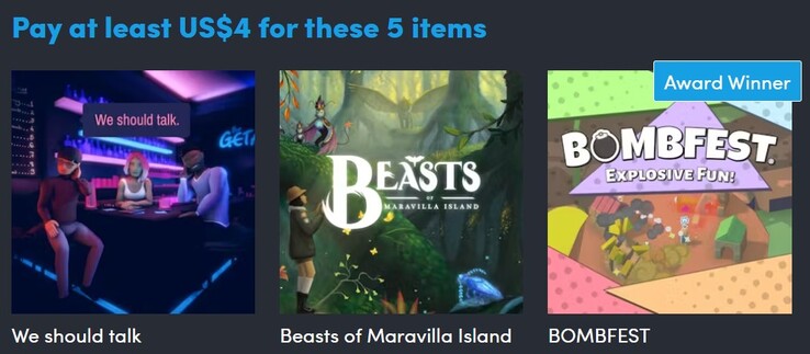 Image décorative. Le premier niveau contient 5 jeux et coûte 4 $ (Source de l'image : Humble Bundle)