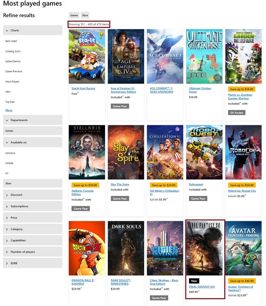 Jeux Xbox les plus joués avec Final Fantasy 16 (Source d'image : capture d'écran, Microsoft)