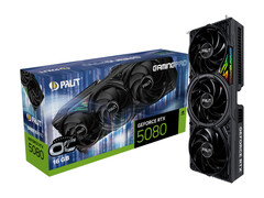 Une image promotionnelle sur fond blanc montrant une boîte pour la Palit RTX 5080 OC Gaming Pro avec la carte conservée verticalement à côté. (Source de l'image : Palit)
