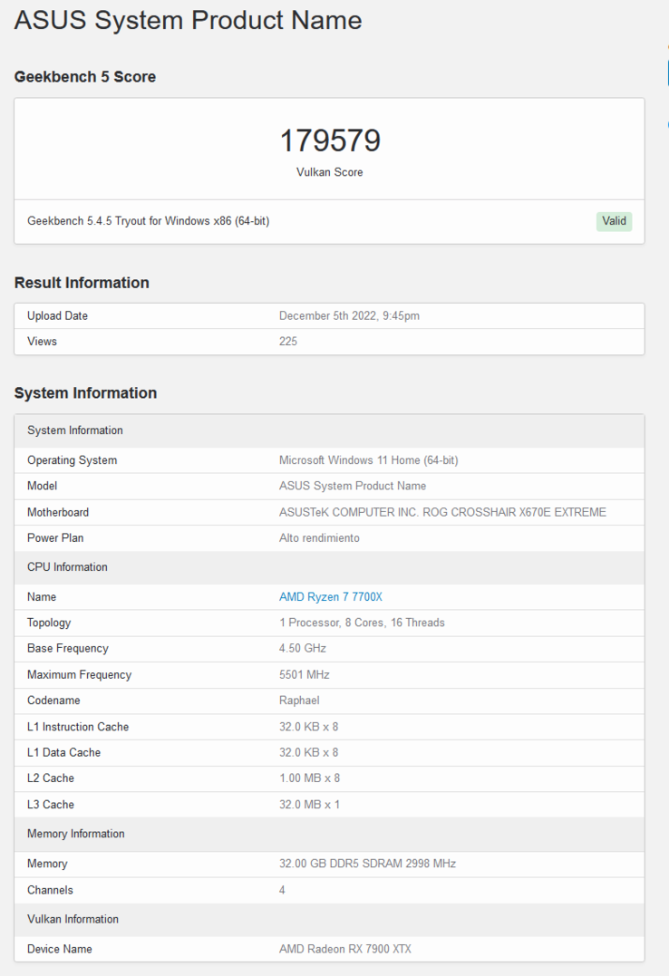 Score actualisé de l'AMD Radeon RX 7900 XTX Vulkan (image via Geekbench)