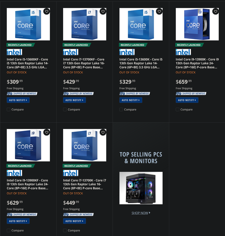 Prix de pré-commande des Intel i5-13600K/F, i7-13700K/F et i9-13900K/F (Image Source : Newegg)