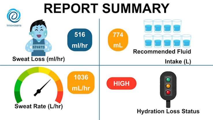 Le résumé du rapport fournit des recommandations sur l'apport en liquide (Source de l'image : Innovosens AB INC)