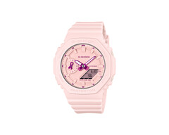 Une petite aiguille en forme de ruban indiquant neuf heures est le seul rappel de la campagne sur cette montre entièrement rose.