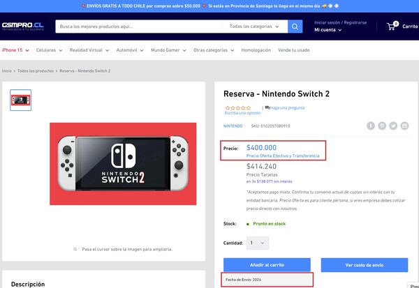 Page de réservation de la Nintendo Switch 2. (Source de l'image : GSMPRO.CL)