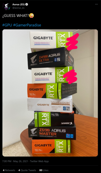 AORUS Spain n'a pas réussi à dissimuler tout le marquage RTX 3080 Ti dans son tweet. (Image source : AORUS Espagne)