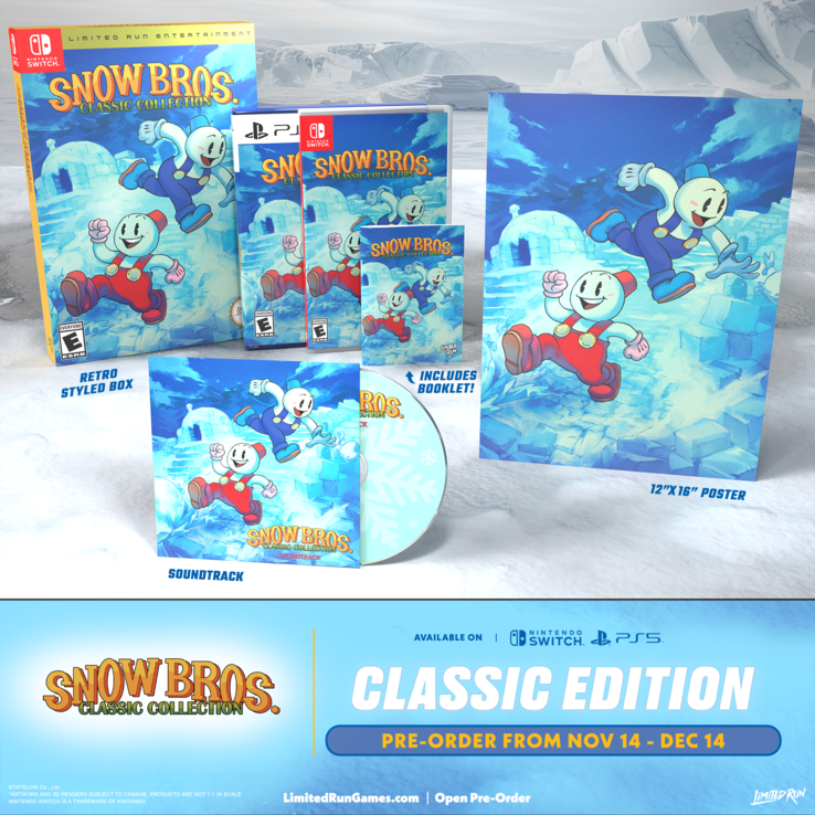 Une maquette de bannière présentant la Snow Bros. Classic Collection Classic Edition (source d'image : Limited Run Games)